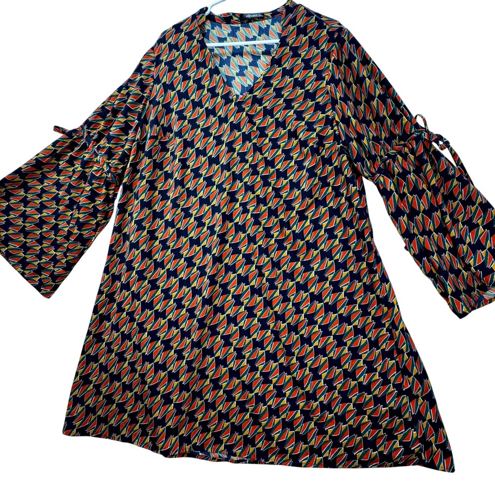 eShakti Geometric Tunic Women 2X-20W Blue Orange Boho Mod Bell Sleeve V-Neck